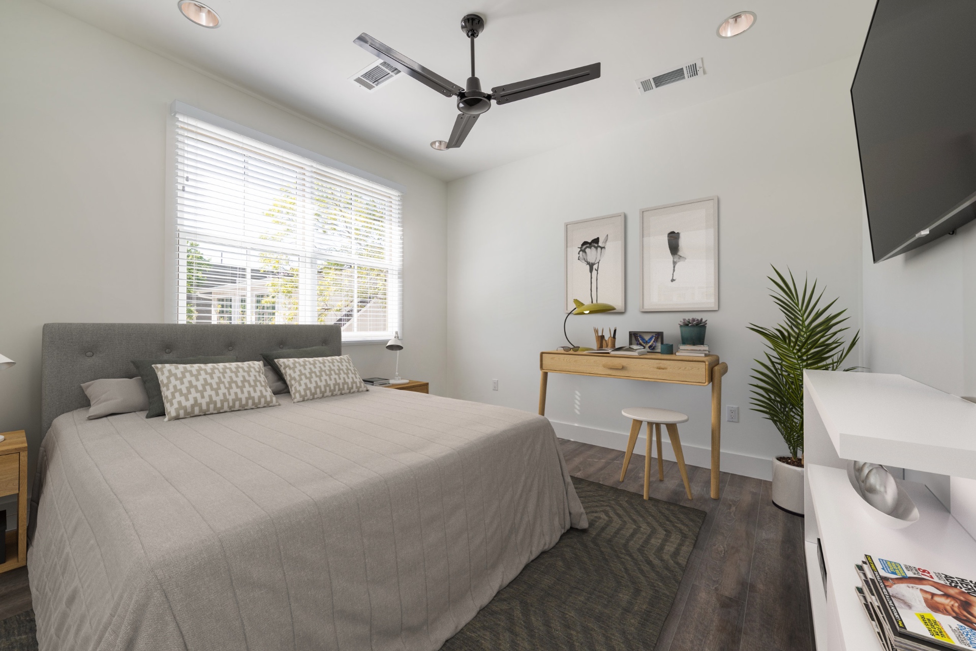 Building 3 bedroom with tufted headboard and writing desk