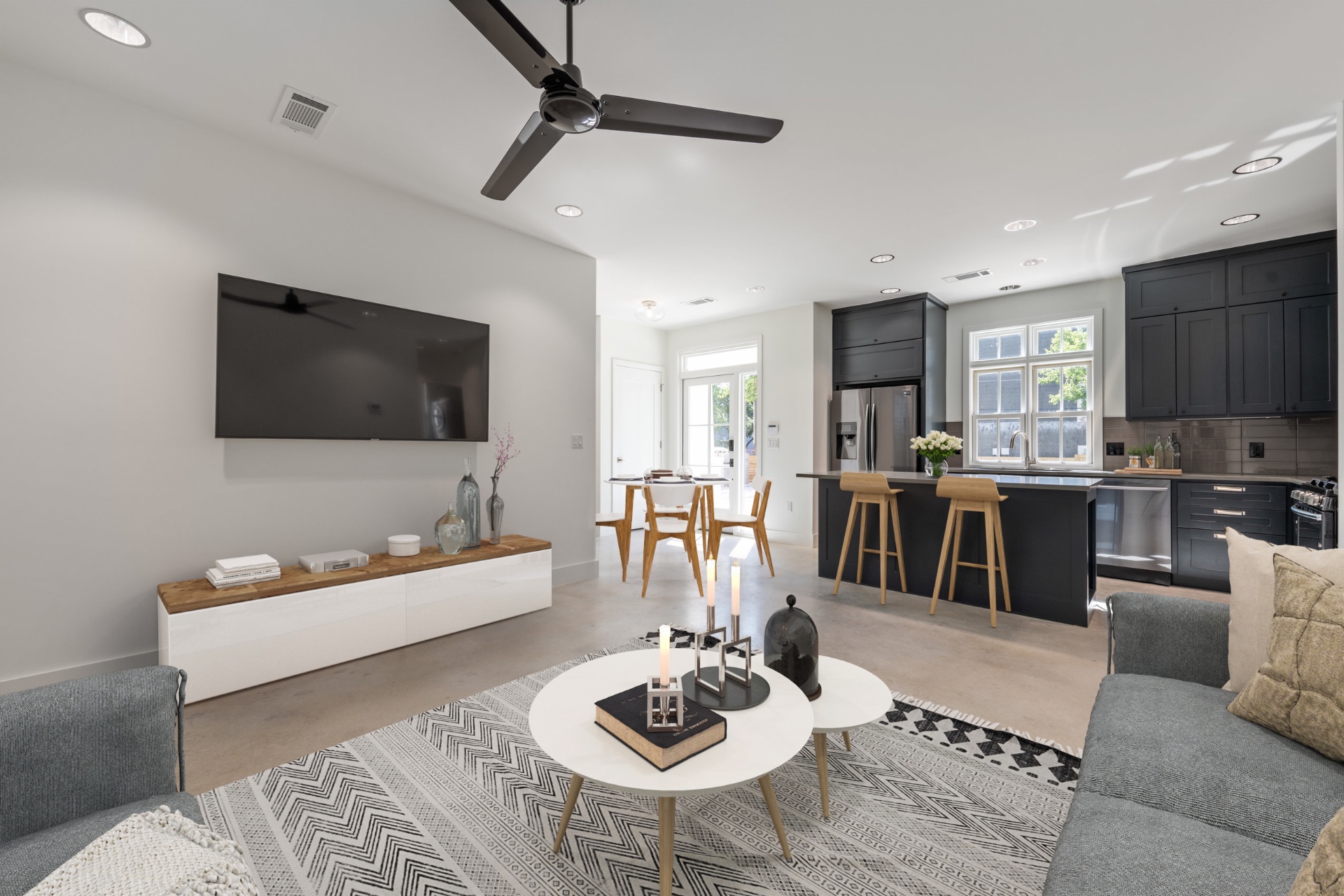 Building 3 open living, dining and kitchen with island