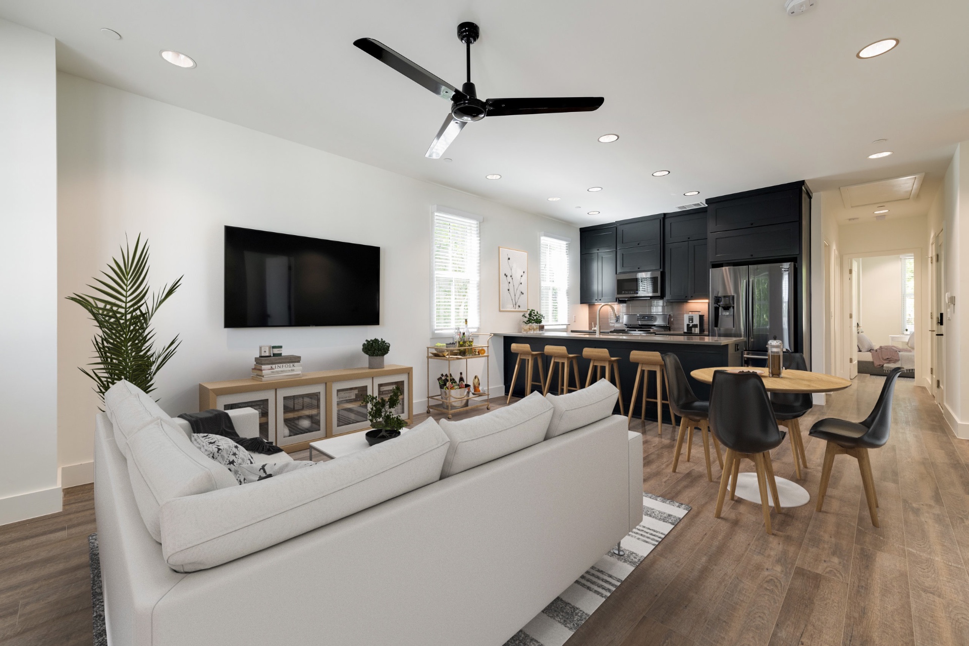 Unit 1-2 open living, dining and kitchen